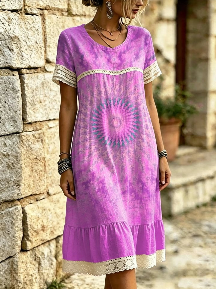 Women's Pink Tie-Dye Sunflower Print Lace Trim Midi Dress