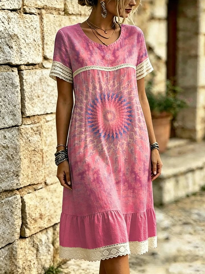 Women's Pink Tie-Dye Sunflower Print Lace Trim Midi Dress