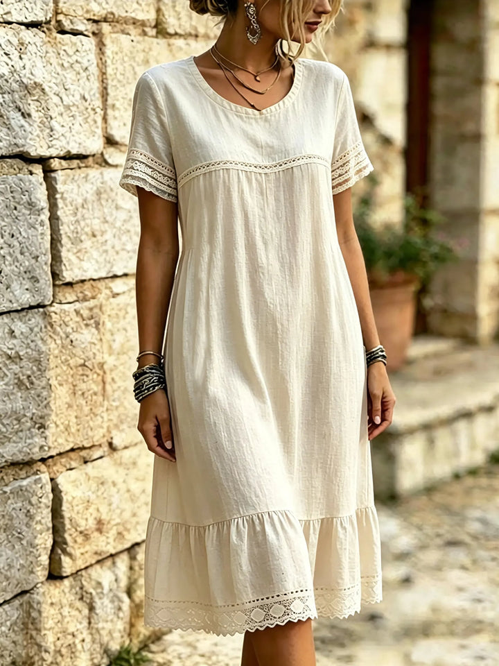 Women's Solid Color Lace Trim Ruffled Hem Midi Dress