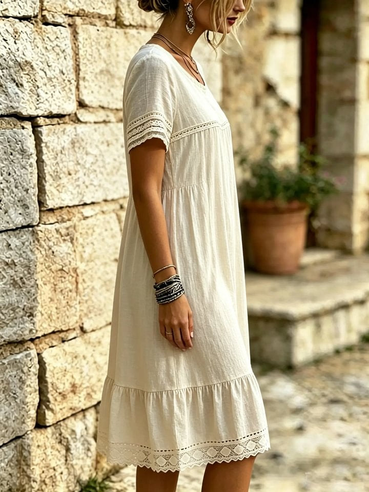 Women's Solid Color Lace Trim Ruffled Hem Midi Dress