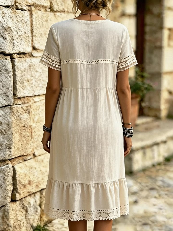 Women's Solid Color Lace Trim Ruffled Hem Midi Dress