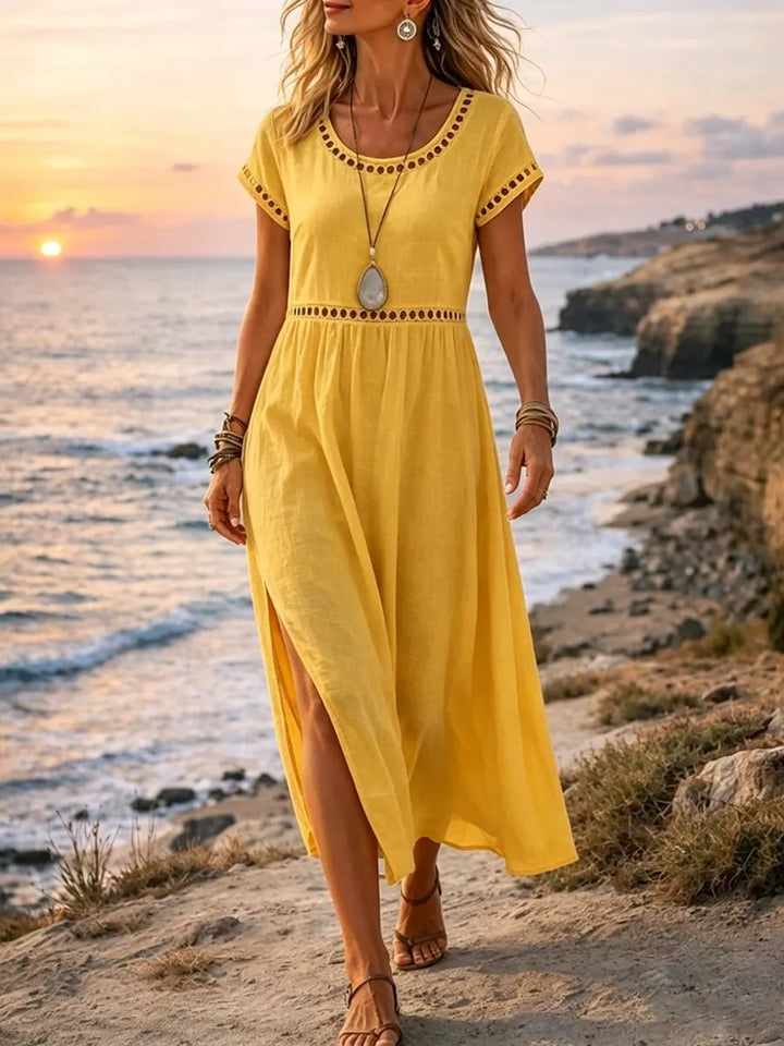 Women's Solid Cotton Linen Blend Lace Trim Short Sleeve Maxi Dress