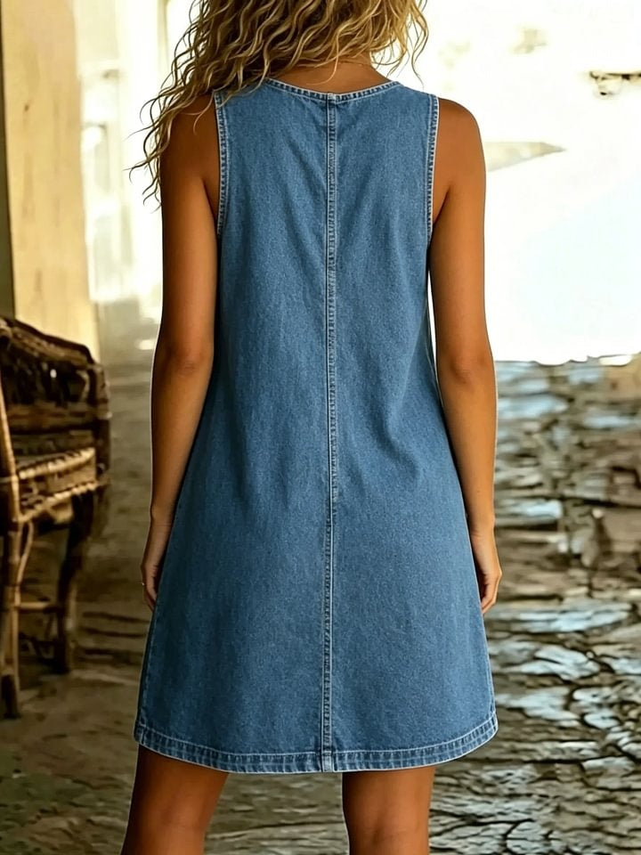 Women's Solid Denim Cotton Button-Front Sleeveless Overall Dress