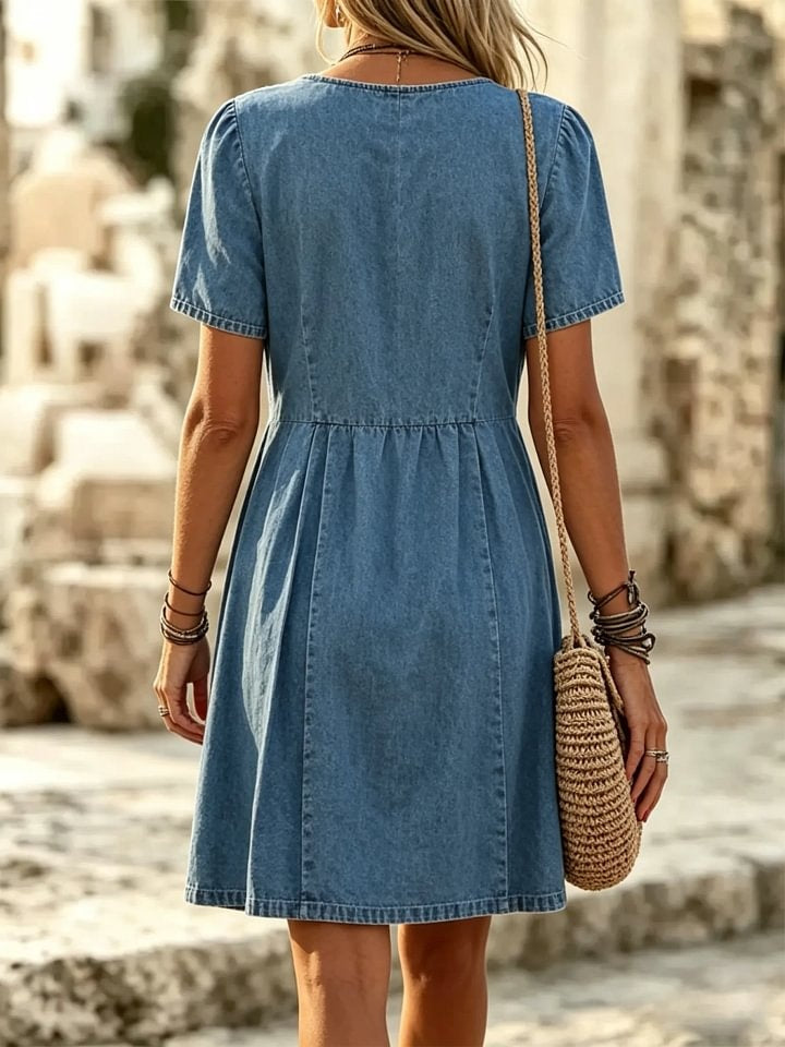 Women's Solid Denim Cotton Pleated Short Sleeve Casual Dress