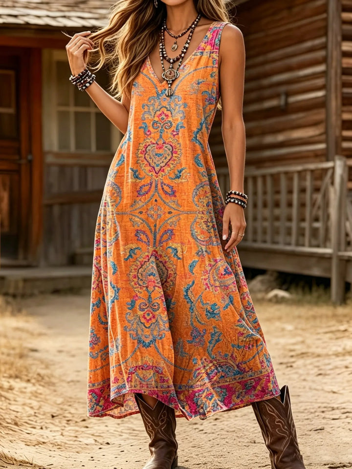 Women's Boho Art Print Cotton Sleeveless V-Neck Maxi Dress