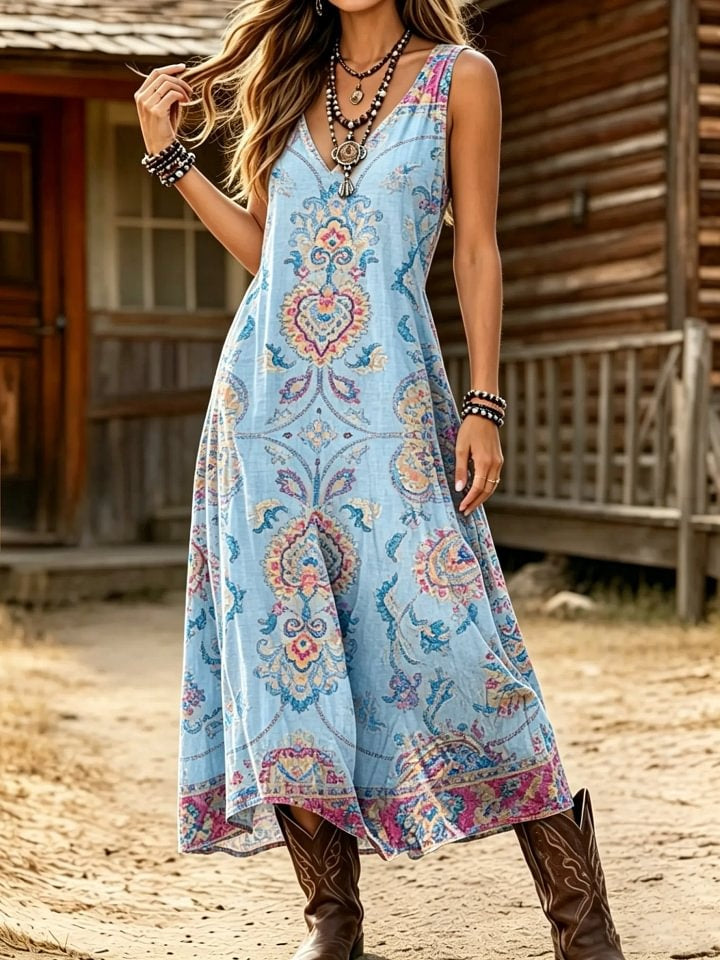 Women's Boho Art Print Cotton Sleeveless V-Neck Maxi Dress