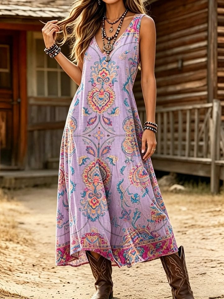 Women's Boho Art Print Cotton Sleeveless V-Neck Maxi Dress