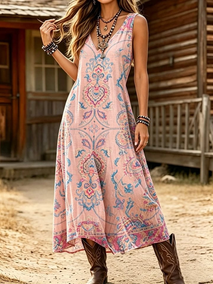 Women's Boho Art Print Cotton Sleeveless V-Neck Maxi Dress