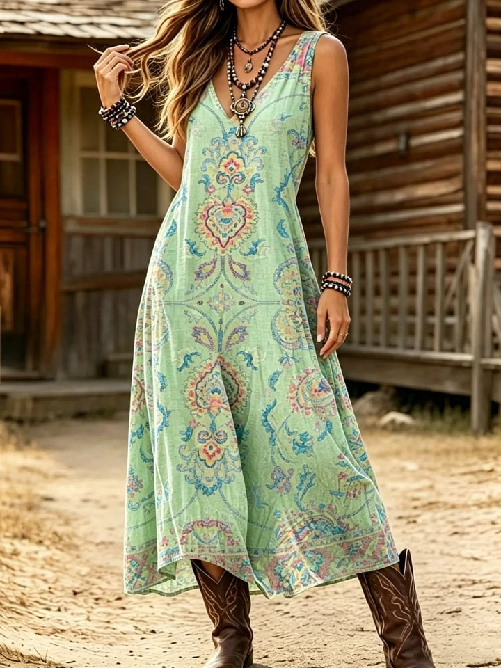 Women's Boho Art Print Cotton Sleeveless V-Neck Maxi Dress