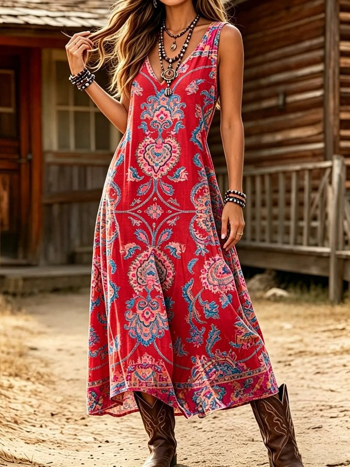Women's Boho Art Print Cotton Sleeveless V-Neck Maxi Dress