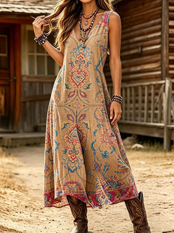 Women's Boho Art Print Cotton Sleeveless V-Neck Maxi Dress