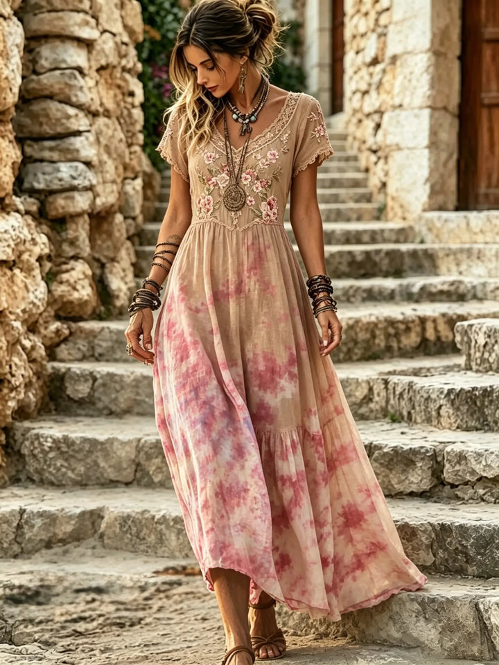 Women's Tie-Dye Floral Print Cotton Lace Trim V-Neck Maxi Dress