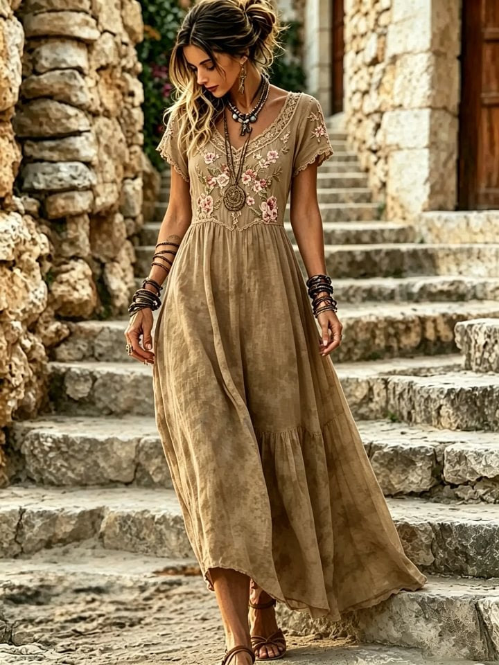 Women's Tie-Dye Floral Print Cotton Lace Trim V-Neck Maxi Dress