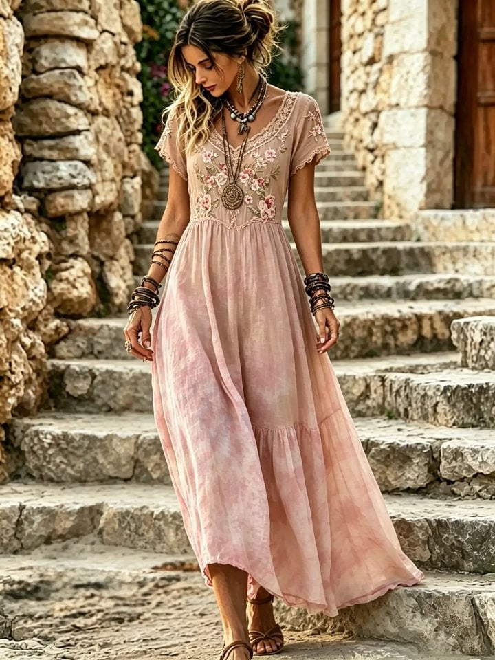 Women's Tie-Dye Floral Print Cotton Lace Trim V-Neck Maxi Dress