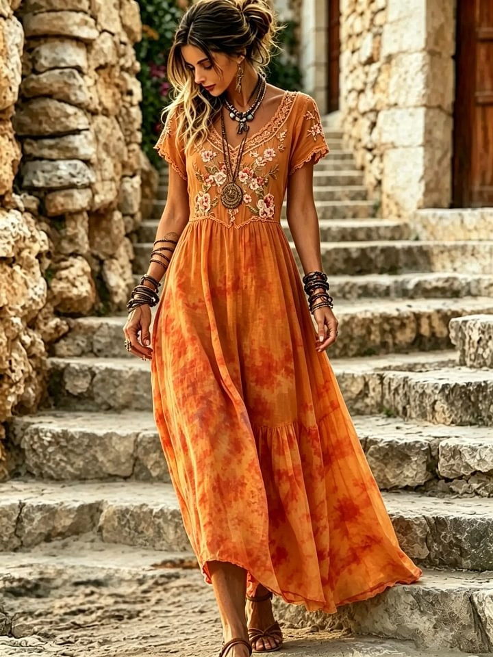 Women's Tie-Dye Floral Print Cotton Lace Trim V-Neck Maxi Dress
