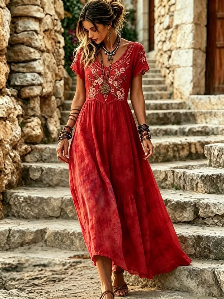 Women's Tie-Dye Floral Print Cotton Lace Trim V-Neck Maxi Dress