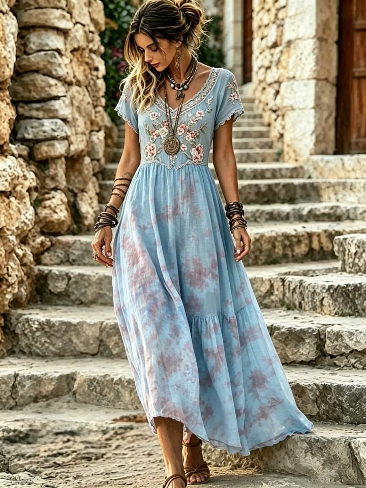 Women's Tie-Dye Floral Print Cotton Lace Trim V-Neck Maxi Dress