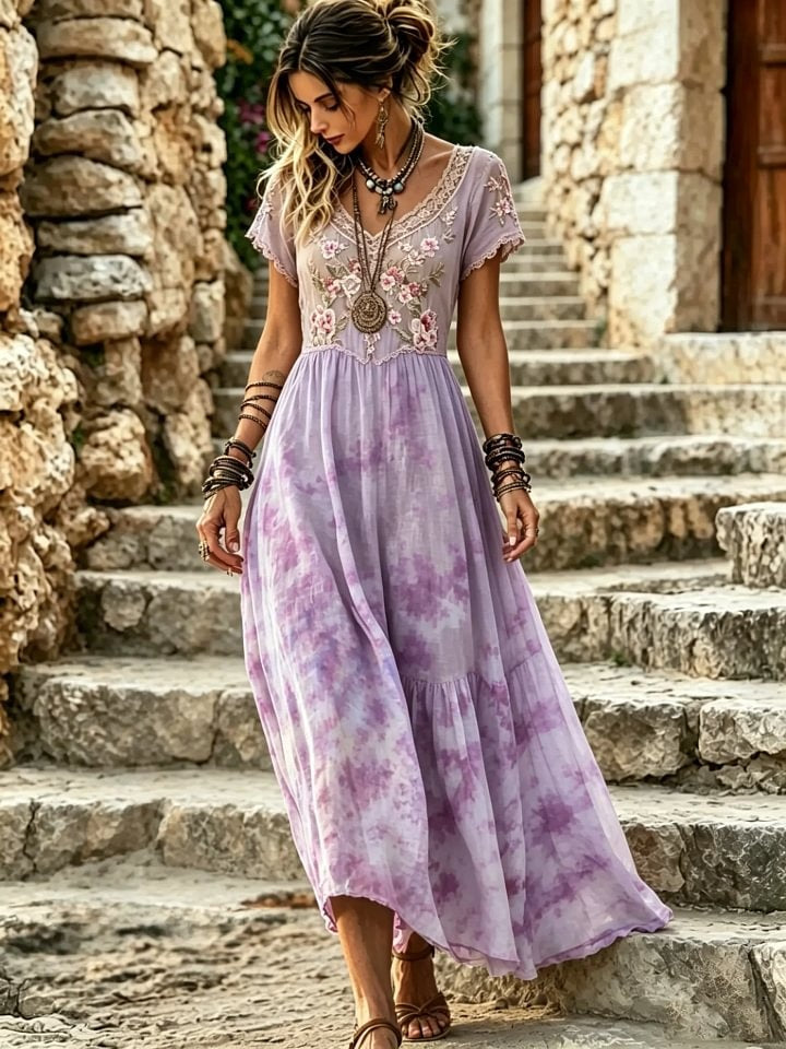 Women's Tie-Dye Floral Print Cotton Lace Trim V-Neck Maxi Dress