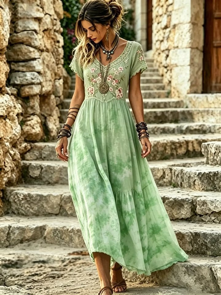 Women's Tie-Dye Floral Print Cotton Lace Trim V-Neck Maxi Dress