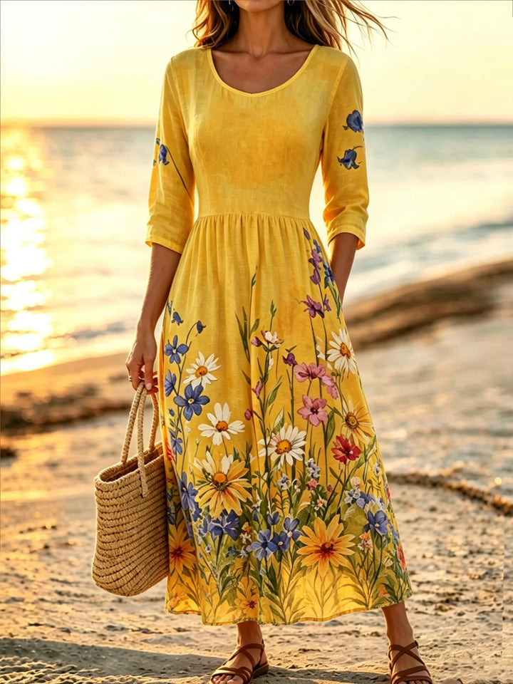 Women's Ditsy Wildflower Print Cotton 3/4 Sleeve Maxi Dress