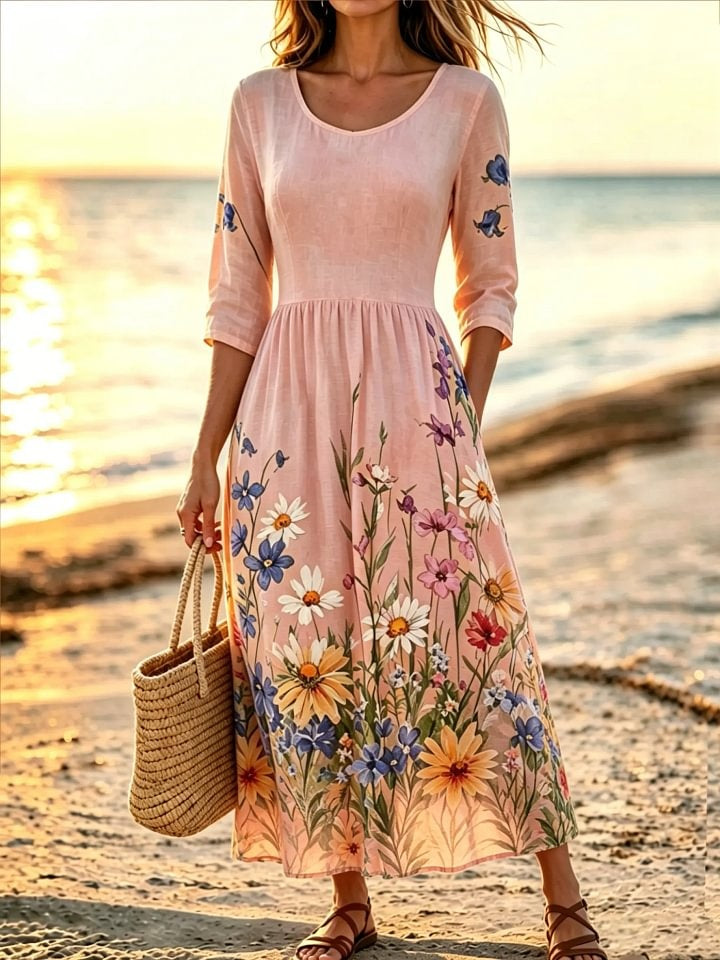 Women's Ditsy Wildflower Print Cotton 3/4 Sleeve Maxi Dress