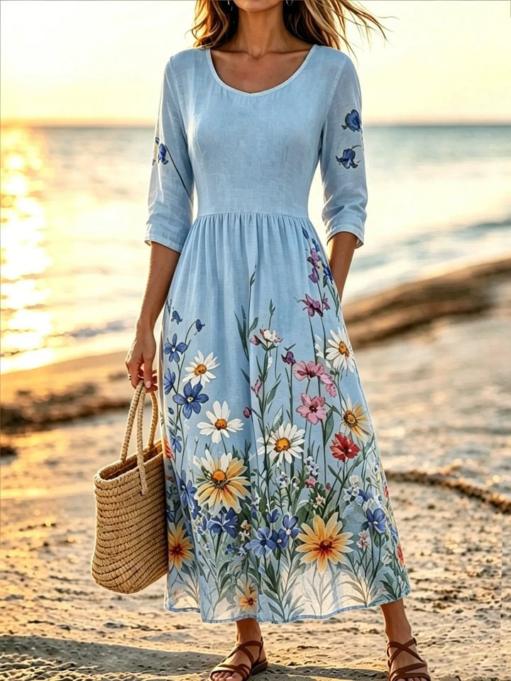 Women's Ditsy Wildflower Print Cotton 3/4 Sleeve Maxi Dress