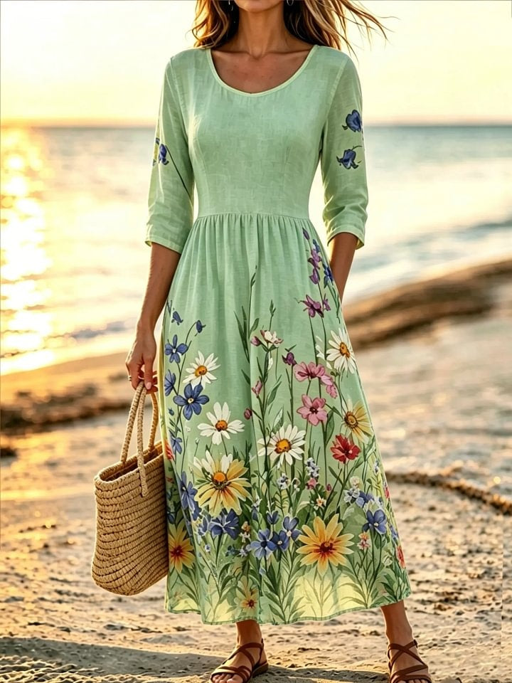 Women's Ditsy Wildflower Print Cotton 3/4 Sleeve Maxi Dress