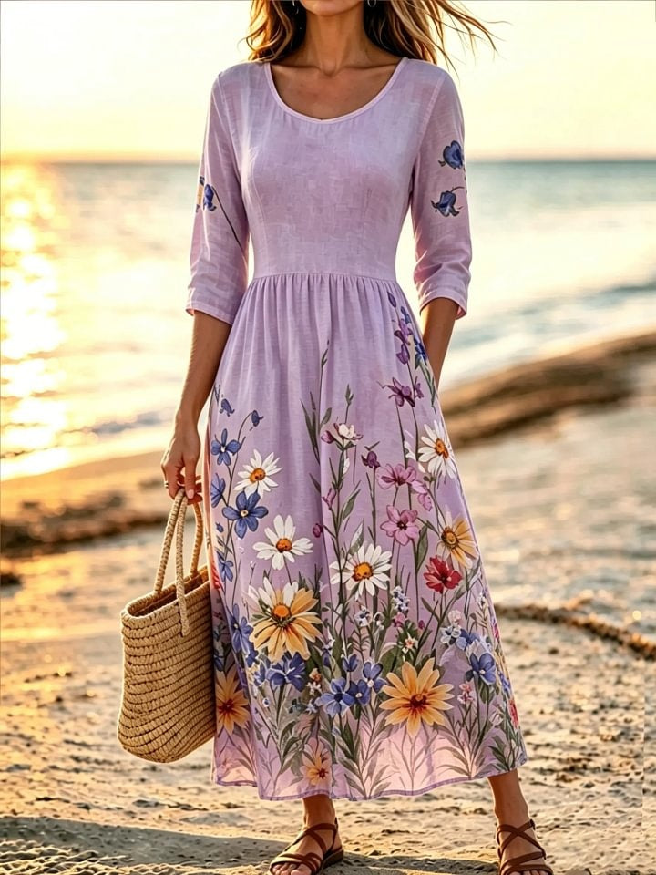 Women's Ditsy Wildflower Print Cotton 3/4 Sleeve Maxi Dress