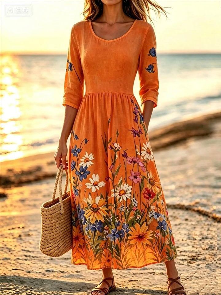 Women's Ditsy Wildflower Print Cotton 3/4 Sleeve Maxi Dress