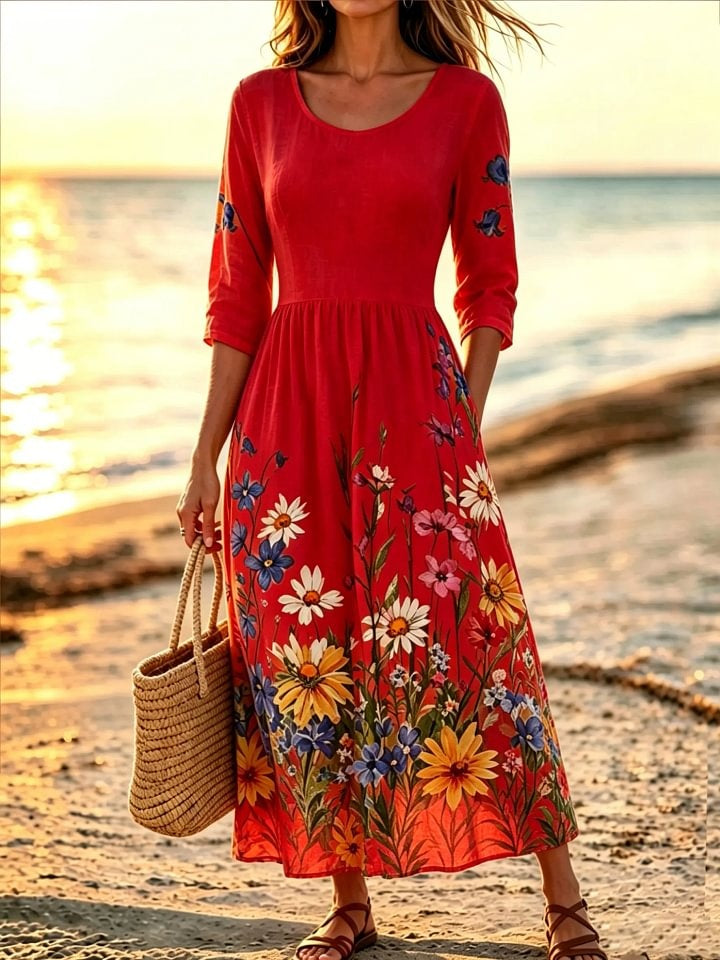 Women's Ditsy Wildflower Print Cotton 3/4 Sleeve Maxi Dress