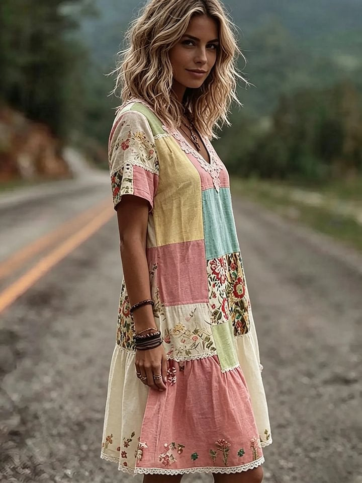 Women's Floral Print V-neck Short-sleeve Dress