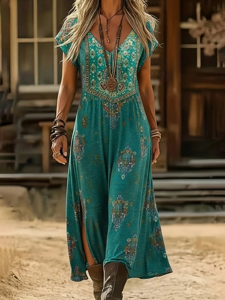Women's Vintage Ethnic Floral Print V-neck Slit Short-sleeve Dress