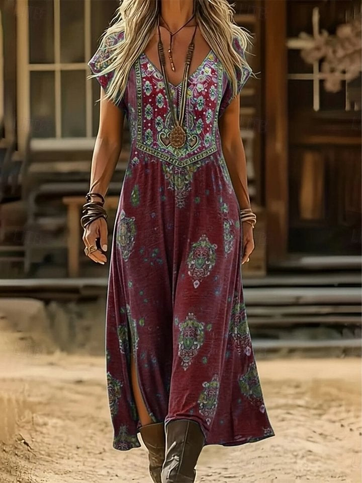 Women's Vintage Ethnic Floral Print V-neck Slit Short-sleeve Dress