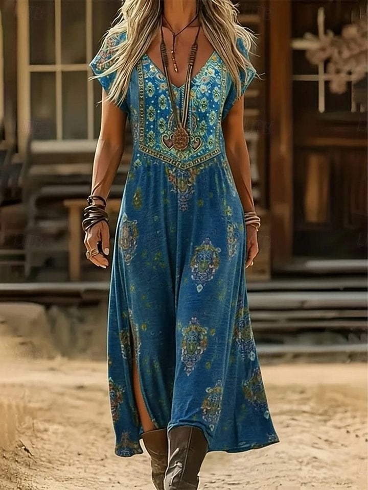 Women's Vintage Ethnic Floral Print V-neck Slit Short-sleeve Dress