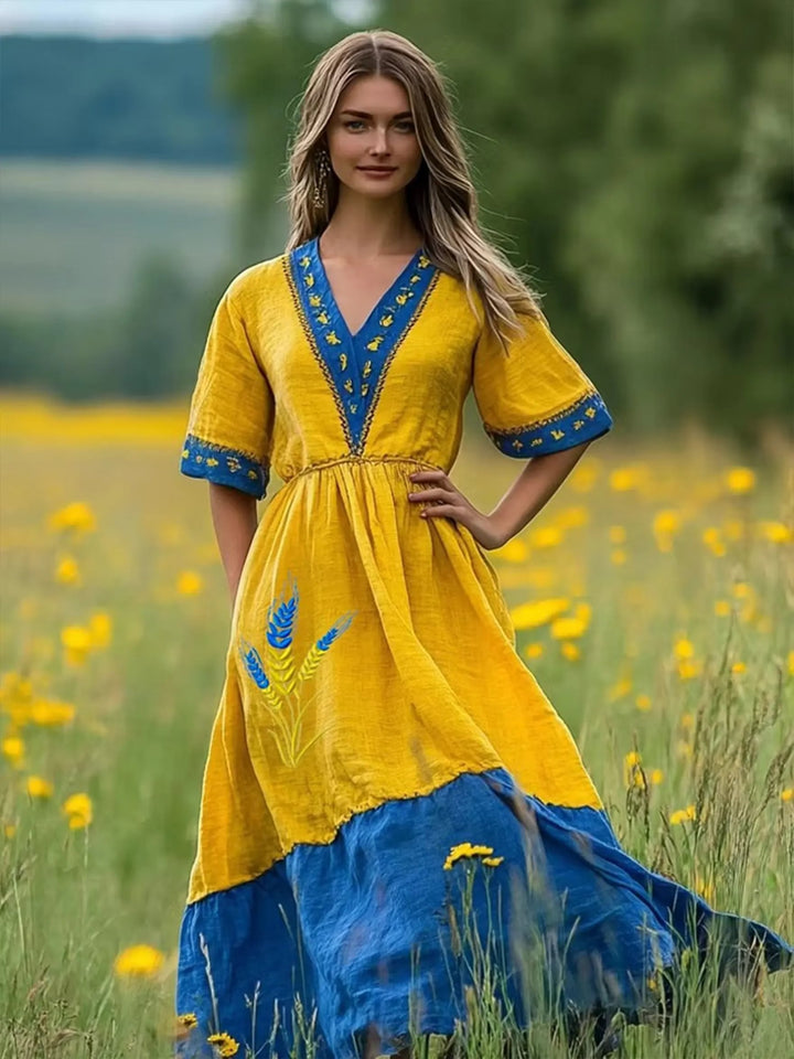 Women's Color-blocked Short-sleeve V-neck Split Dress With Artistic Wheat Ear Print