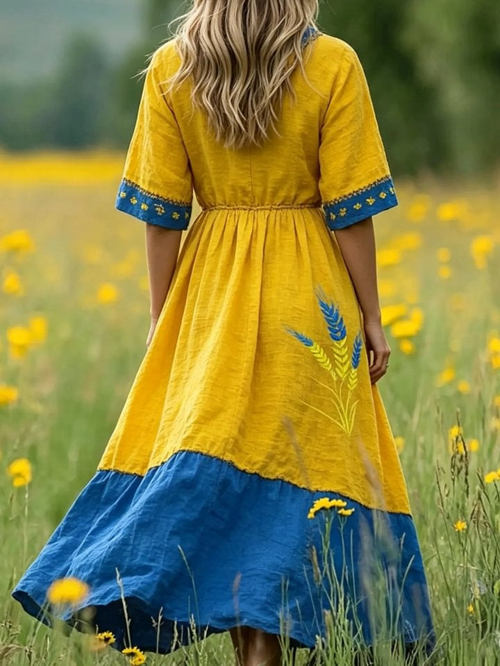 Women's Color-blocked Short-sleeve V-neck Split Dress With Artistic Wheat Ear Print
