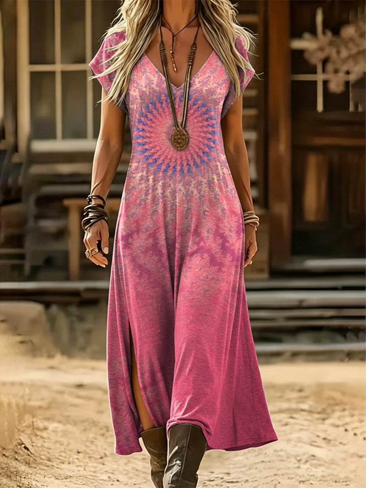 Women's Tie-dye Mandala Print V-neck Slit Short-sleeve Dress