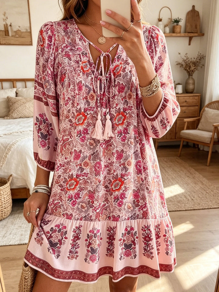 Women's Retro Bohemian Floral Art Print Casual Three-quarter Sleeve Short Dress