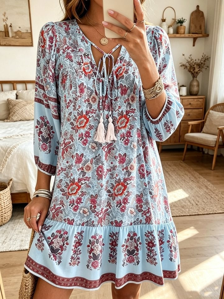 Women's Retro Bohemian Floral Art Print Casual Three-quarter Sleeve Short Dress