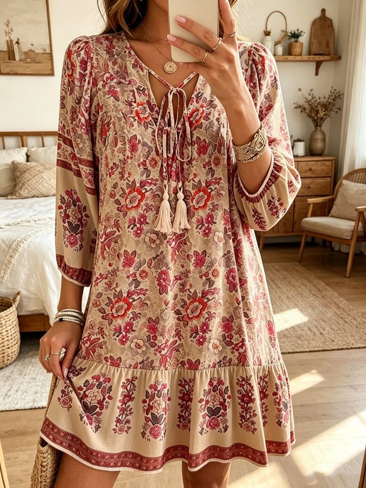 Women's Retro Bohemian Floral Art Print Casual Three-quarter Sleeve Short Dress