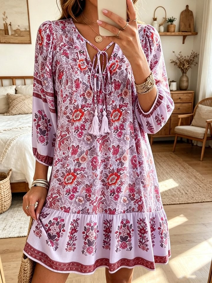 Women's Retro Bohemian Floral Art Print Casual Three-quarter Sleeve Short Dress