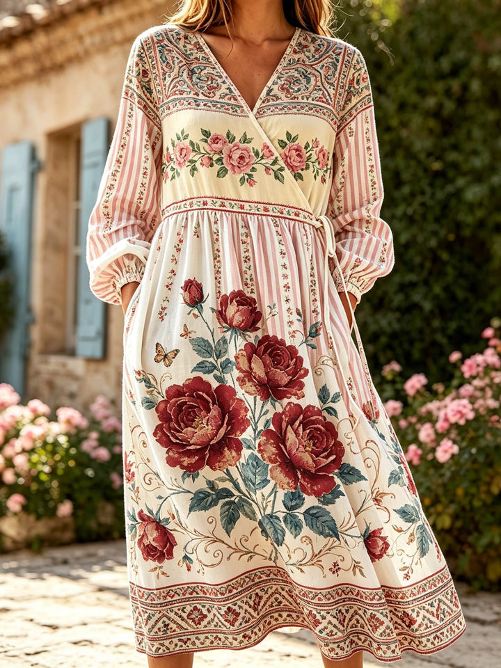 Women's Ethnic Floral Striped Art Print Casual Long-sleeve V-neck Cotton Linen Tie-waist Dress