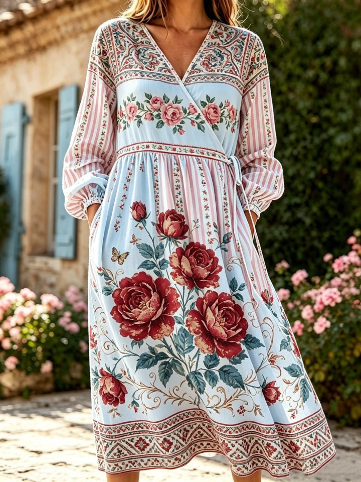 Women's Ethnic Floral Striped Art Print Casual Long-sleeve V-neck Cotton Linen Tie-waist Dress