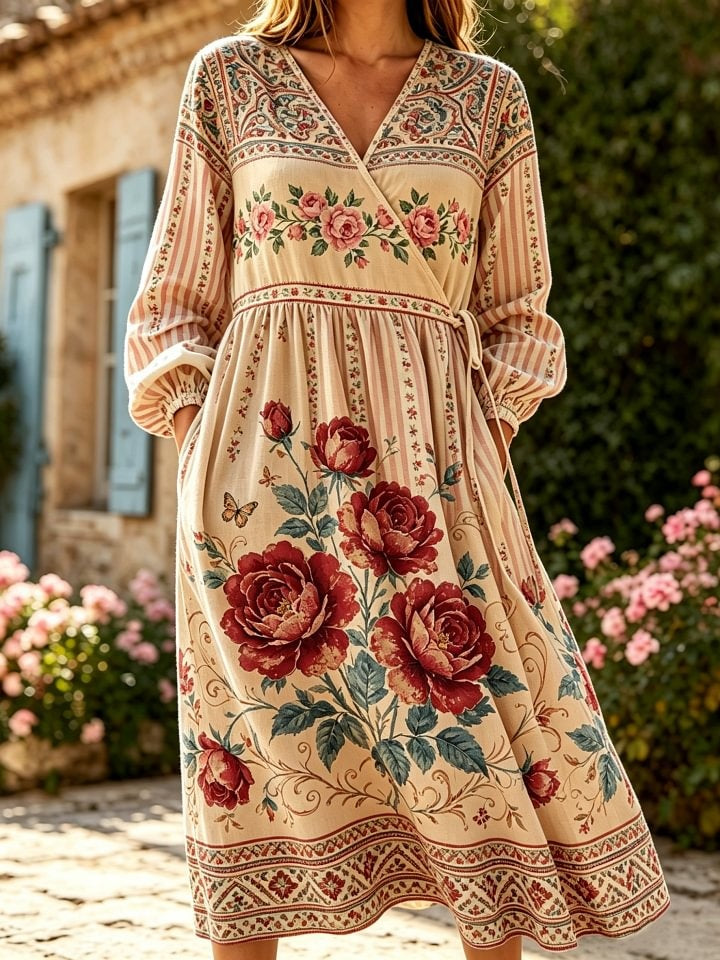 Women's Ethnic Floral Striped Art Print Casual Long-sleeve V-neck Cotton Linen Tie-waist Dress