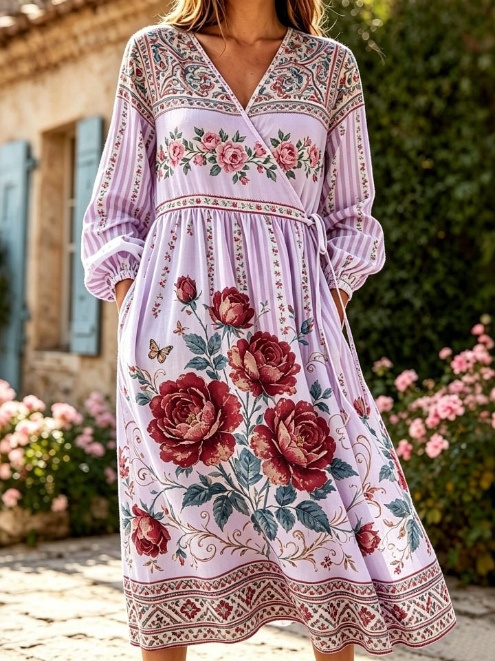 Women's Ethnic Floral Striped Art Print Casual Long-sleeve V-neck Cotton Linen Tie-waist Dress