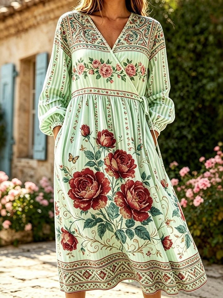 Women's Ethnic Floral Striped Art Print Casual Long-sleeve V-neck Cotton Linen Tie-waist Dress