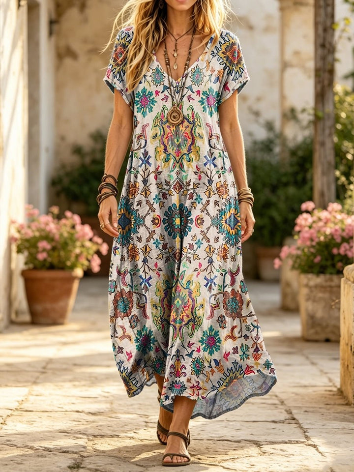 Women's Retro Ethnic Totem Art Print Casual Short-sleeve V-neck Cotton Dress