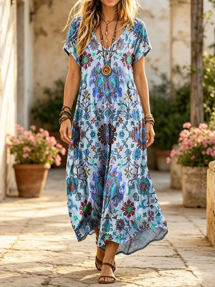 Women's Retro Ethnic Totem Art Print Casual Short-sleeve V-neck Cotton Dress