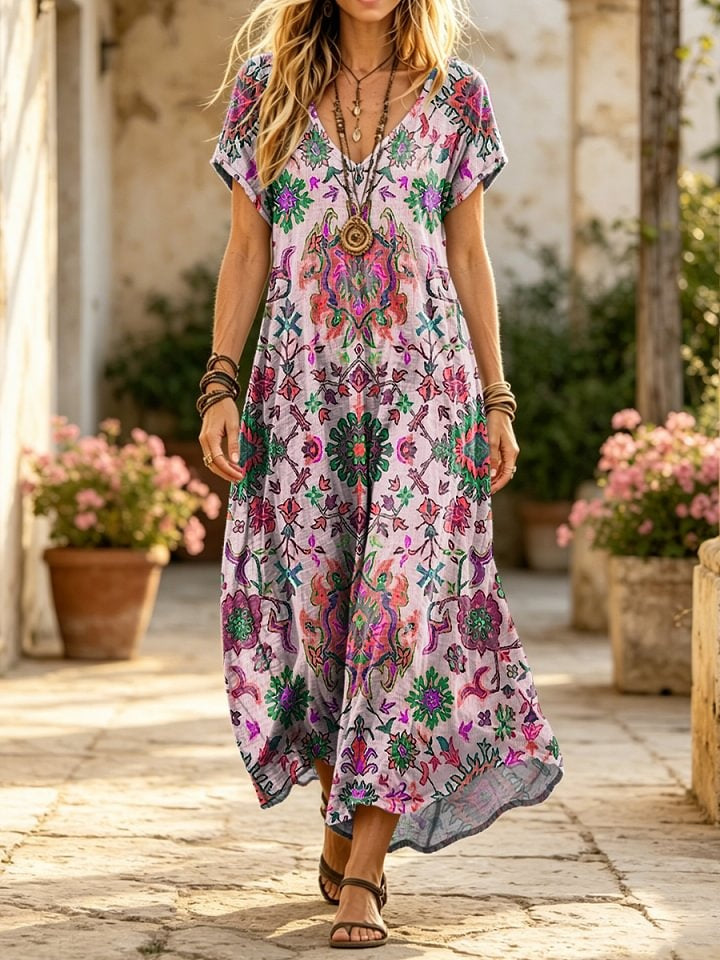 Women's Retro Ethnic Totem Art Print Casual Short-sleeve V-neck Cotton Dress