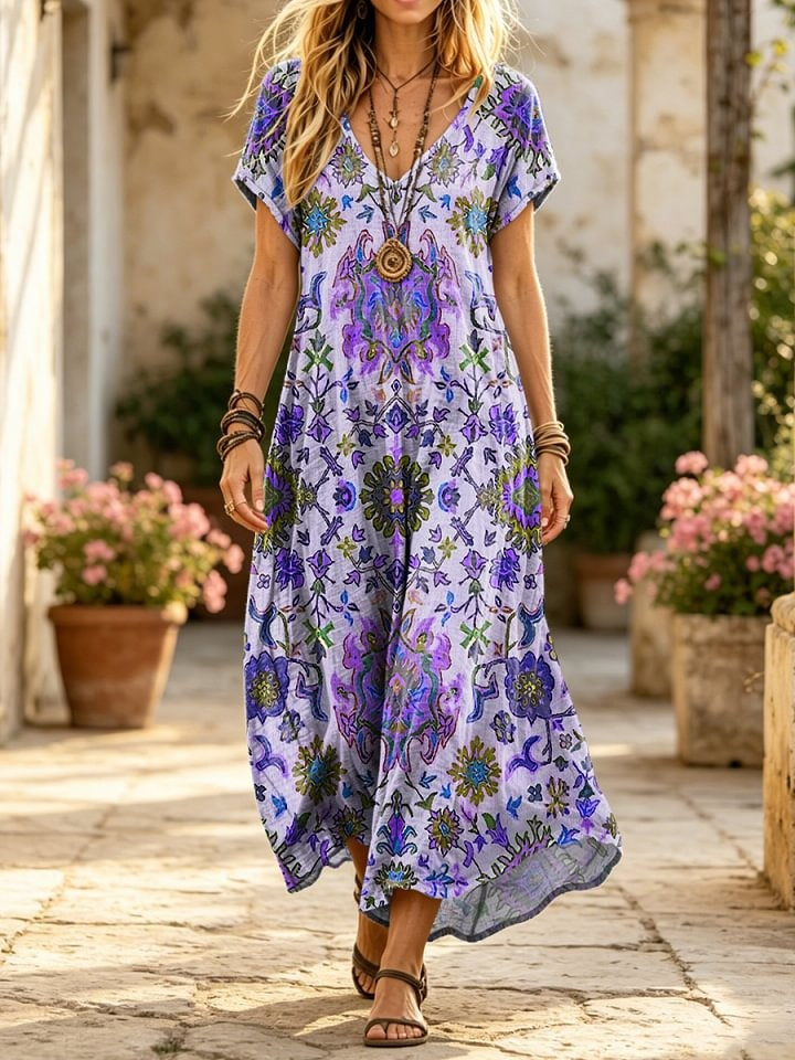 Women's Retro Ethnic Totem Art Print Casual Short-sleeve V-neck Cotton Dress